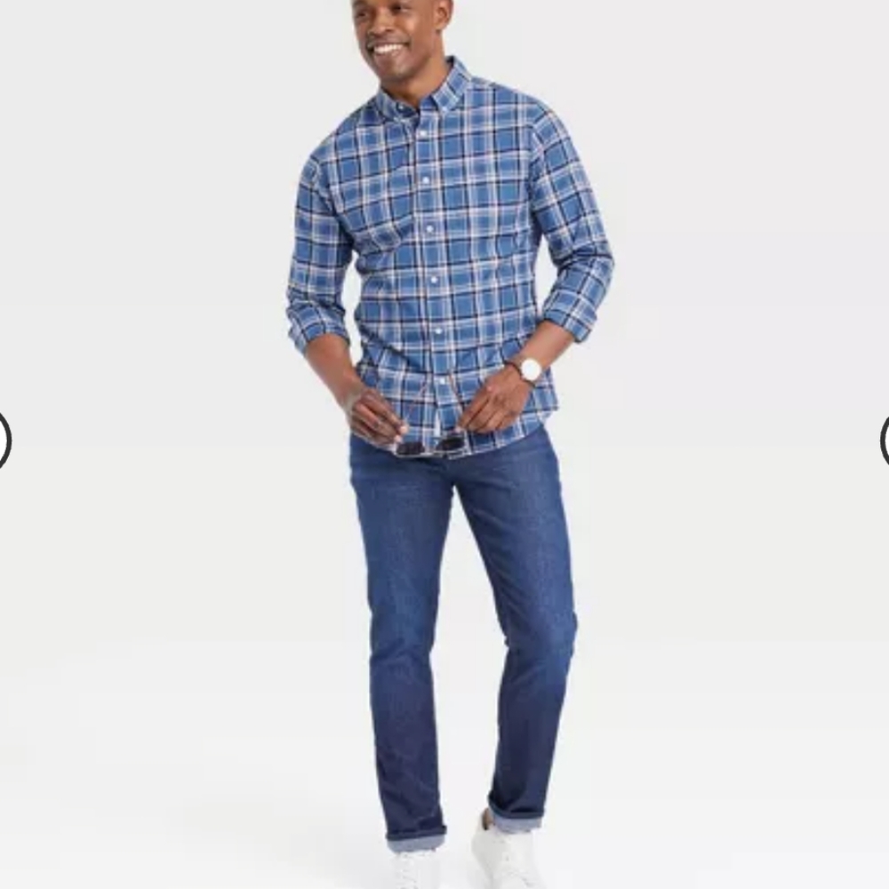 Slim Fit Poplin Long Sleeve Button-Down Shirt Goodfellow Blue Plaid MENS…